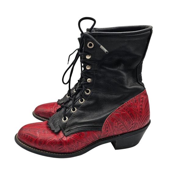 VTG 1980s Laredo Leather Kiltie Lace Up Boots Black Red 7M Western Gothabilly - Picture 1 of 9